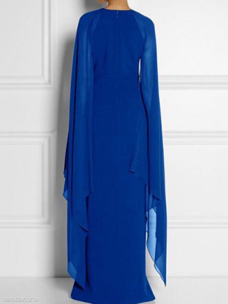 Cape Sleeve High Slit Plain Chiffon Maxi Dress