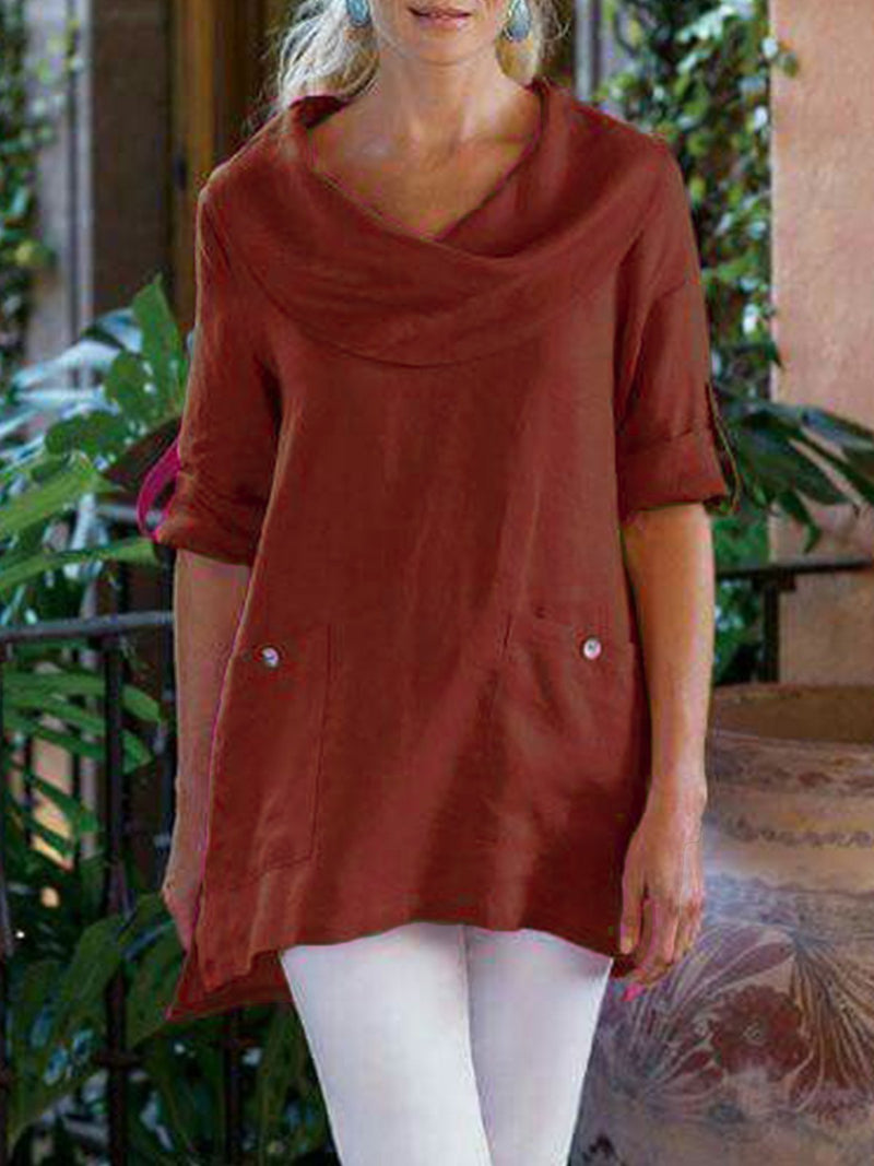 Pockets Long Sleeve Cowl Neck Cotton-Blend Shirt