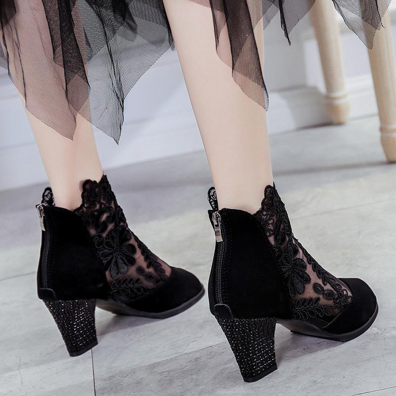 Women Fashion Net Yarn Spliced Peep Toe Sandals Pumps