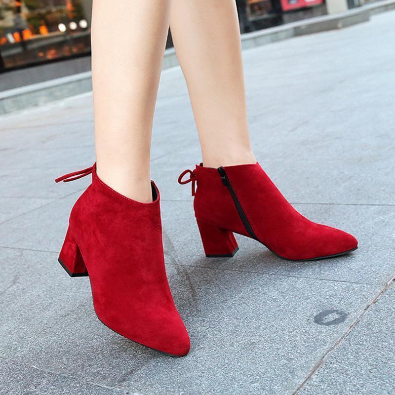 Women Fashion Nubuck Leather Ankle Height Pointed Toe Boots Pumps