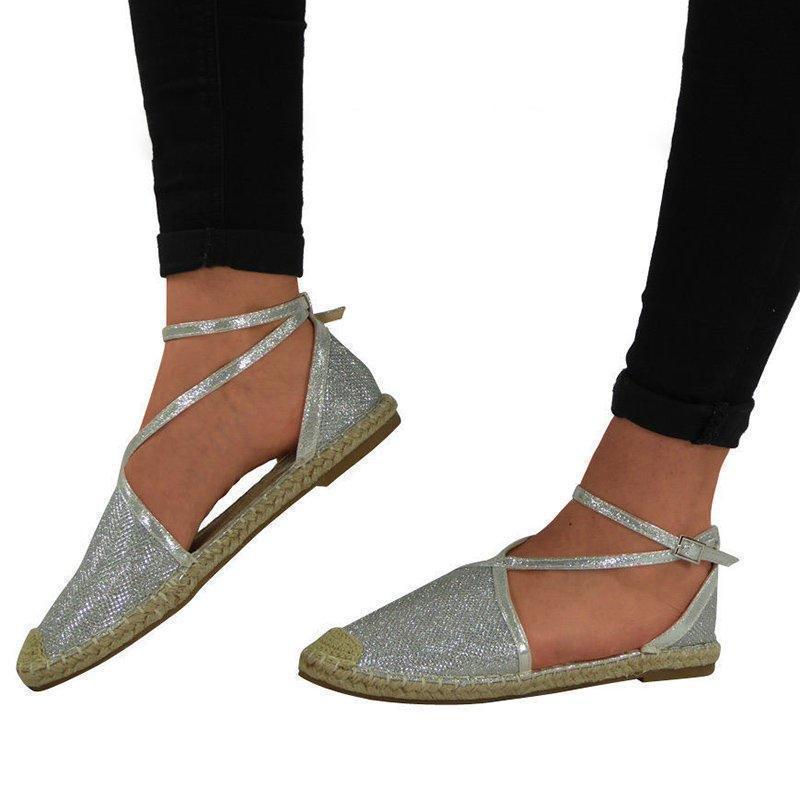 Women Flat Heel Espadrille Shoes Buckle Shining Sandals