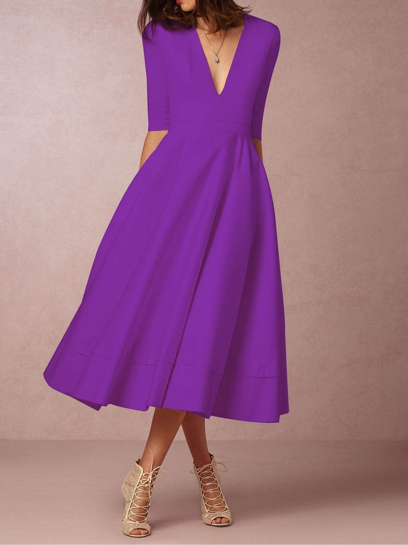 Deep V-Neck Solid Elegant Dress