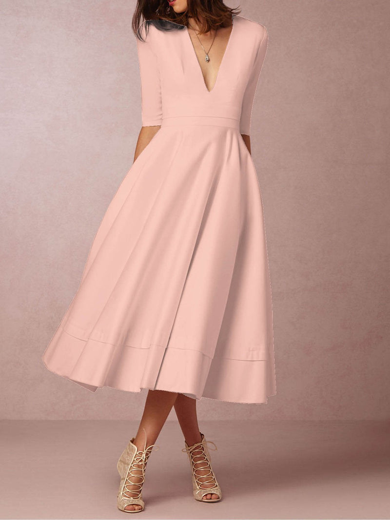 Deep V-Neck Solid Elegant Dress