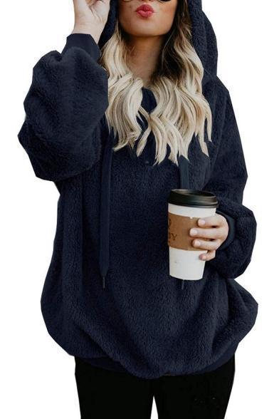 Women Simple Long Sleeve Half Zip Front Plain Oversize Faux Fur Hoodie