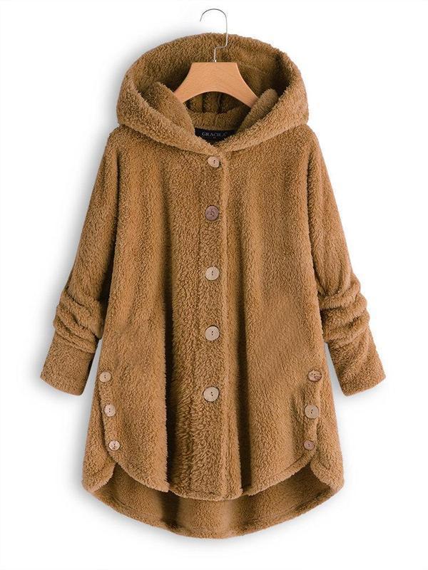 Women Fleece Hooded Asymmetrical Hem Button Coat