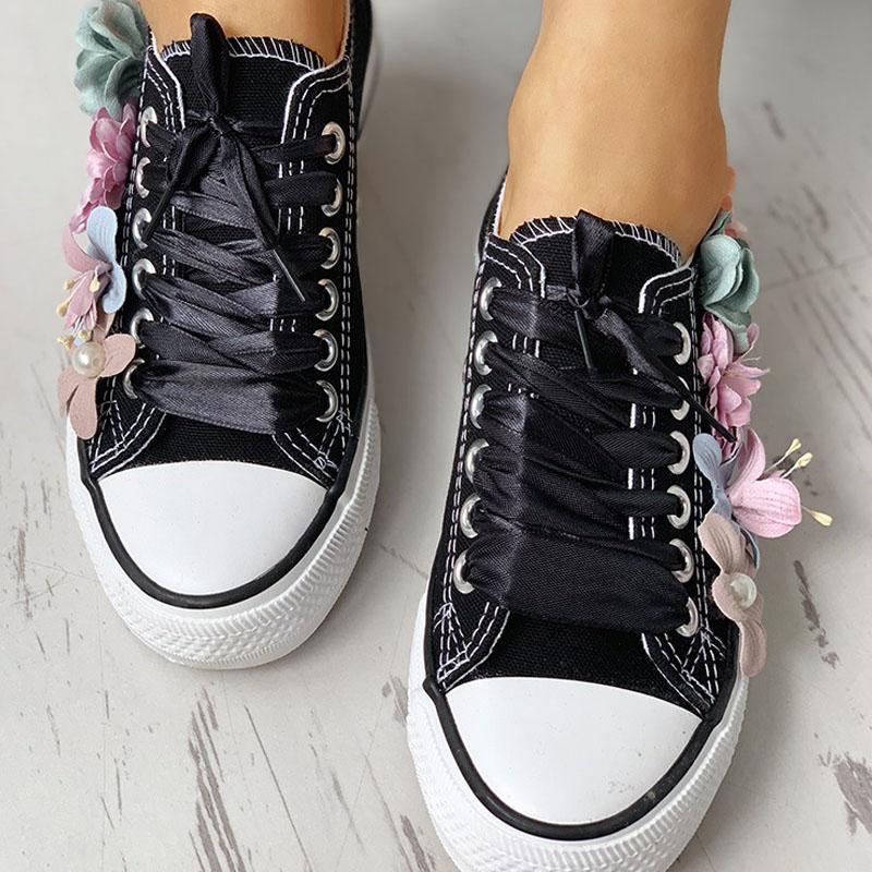 Women Floral Embellished Lace-Up Casual Sneakers