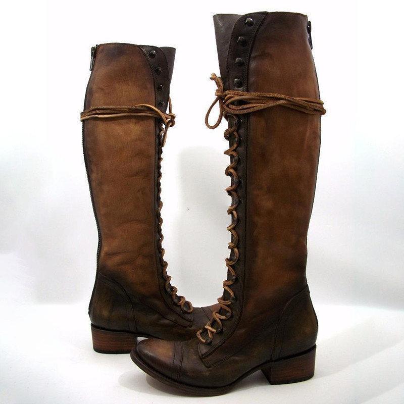 Women Winter Vintage Boots Lace-up Knee-high Shoes