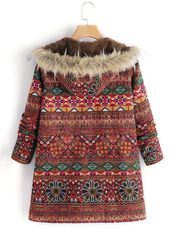 Women Ethnic Printed Faux Fur Hooded Fleece Autumn Winter Coat